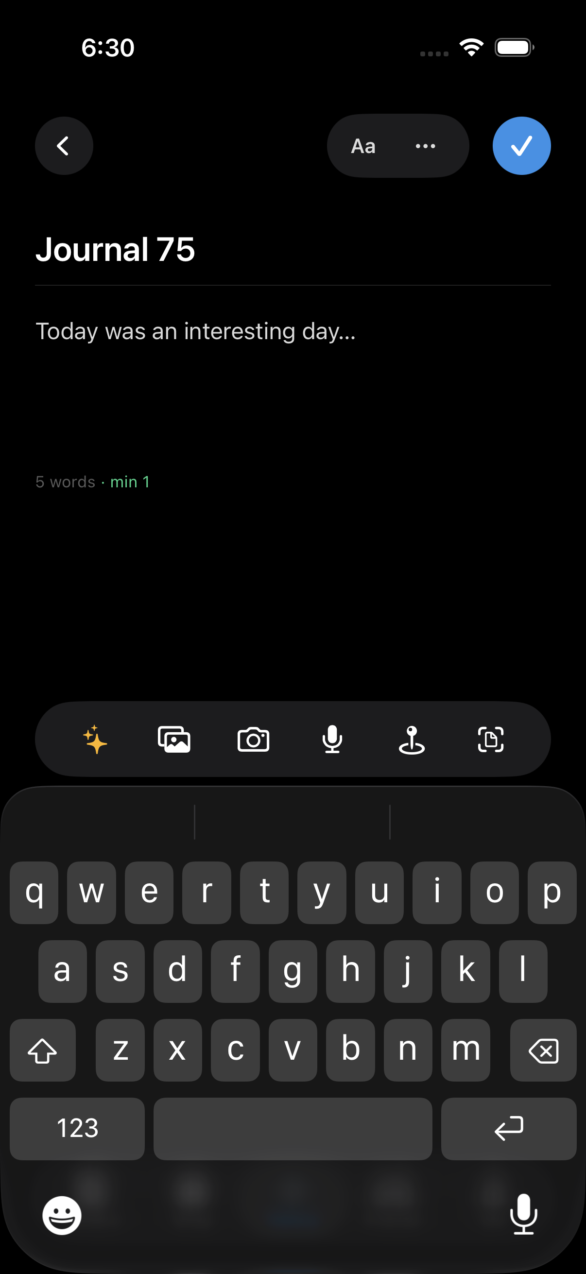 Writing a journal entry in Meridian, with voice, photo, and location tools