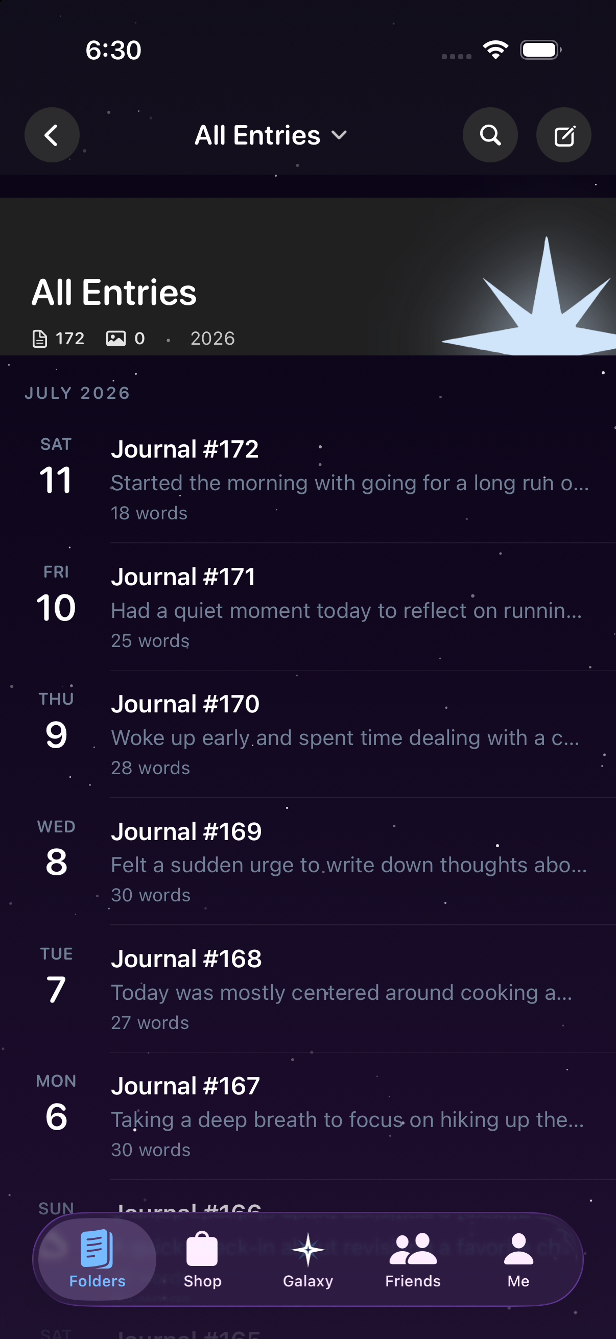 All Entries in Meridian — 172 journal entries, one per day