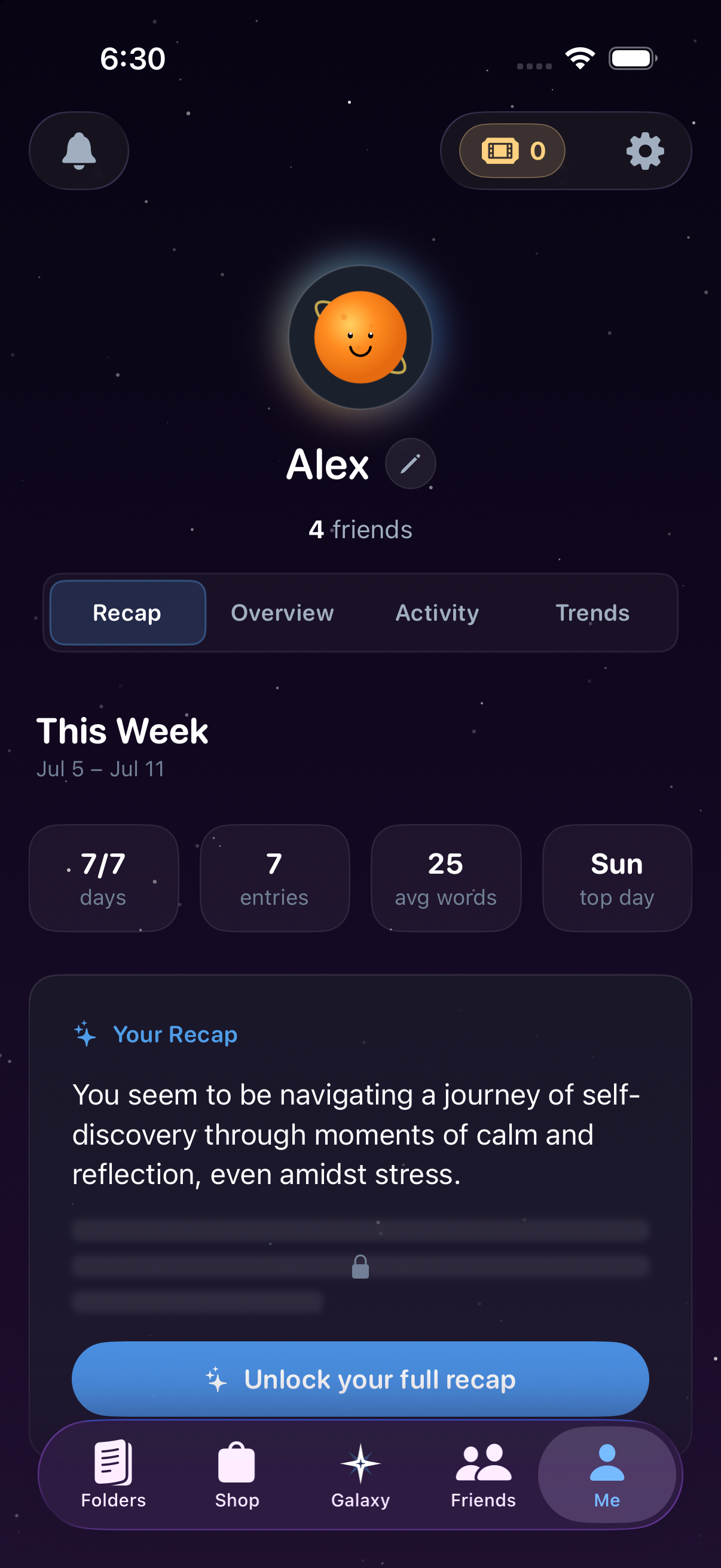 Meridian Me tab — a perfect 7/7 week and an AI recap of your writing